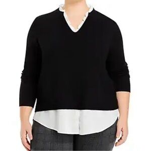 Sioni Milan Plus Black V-Neck Sweater Attatched Shirt Hem Womens Size 3X XXXL